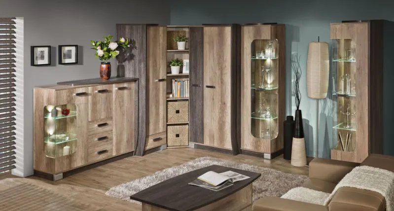 Wohnzimmer Komplett - Set C Sichling, 7-teilig, Farbe: Eiche Braun