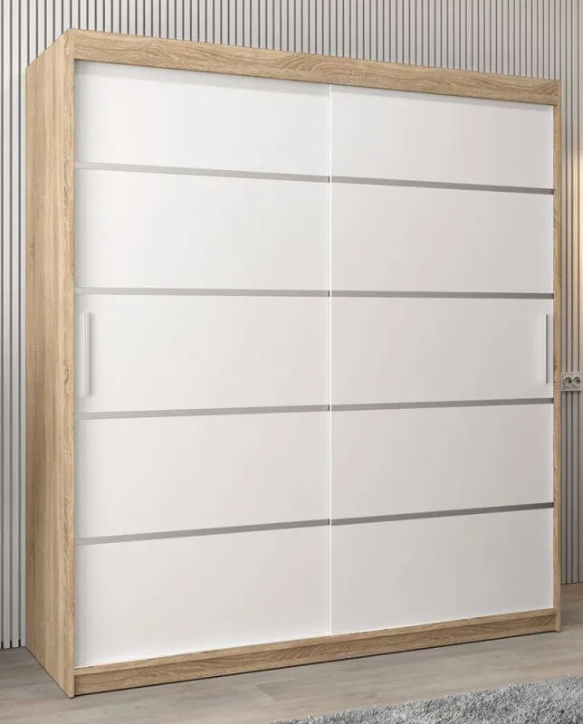 Schiebetürenschrank / Kleiderschrank Jan 04A, Farbe: Eiche Sonoma / Weiß matt - Abmessungen: 200 x 180 x 62 cm ( H x B x T)