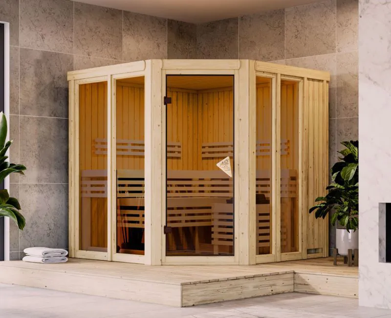 Sauna Laurino | 68 mm Wandstärke | Nordische Fichte | 9 kW Ofen mit integrierter Steuerung | 196 x 196 x 198 cm | Superior Liegen aus massivem Espenholz 