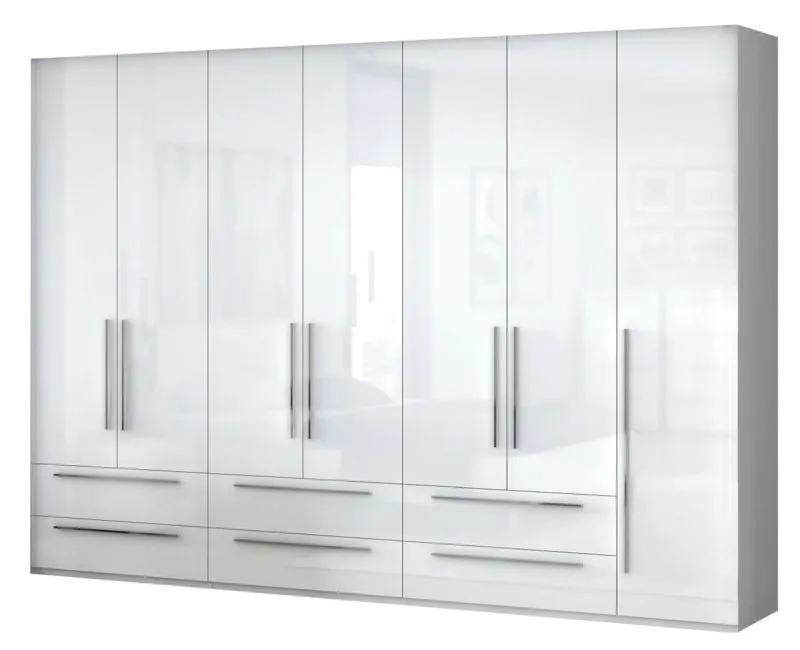 Kleiderschrank | 7 Drehtüren | 6 Schubladen | 6 Fächer | mit 4 Kleiderstangen | 317 cm breit | Farbe: Weiß Abbildung