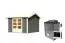 Saunahaus "Bjelle" SET inkl. 2 Bänken, Ofenschutzgitter, Kopfstütze & Ofen 9 kW, Farbe: Terragrau - 304 x 304 cm (B x T), Grundfläche: 8,65 m²