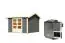 Saunahaus "Bjelle" SET inkl. 2 Bänken, Ofenschutzgitter, Kopfstütze & Ofen BIO 9 kW, Farbe: Terragrau - 304 x 304 cm (B x T), Grundfläche: 8,65 m²