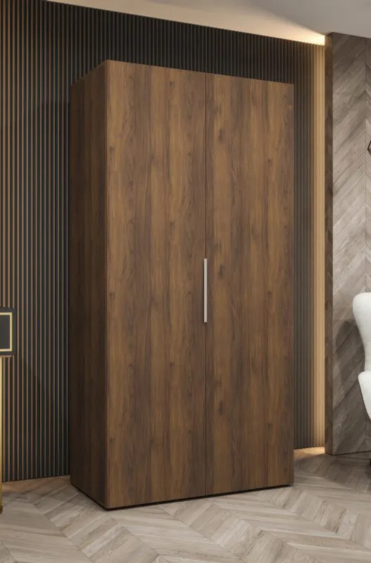Drehtürenschrank mit 1 Meter breite | Farbe: Walnuss | zwei Türen | Soft-Close-Funktion | ein Fach | Griffe: Silber | eine Kleiderstange | Kleiderschrank