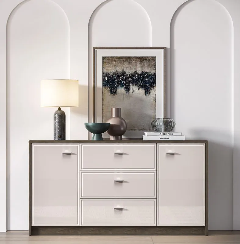 Sideboard / Kommode Mackenzie 04 | Maße: 160 x 40 x 85 cm | 3 Schubladen | 2 Türen | Farbe: Eiche Dunin / Kaschmir Hochglanz | Griffe: Metall | Soft-Close