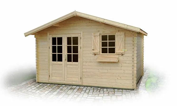 Holz-Gartenhaus 3,98 x 3,98 Meter (inkl. Dach) | Naturbelassen | Satteldach | 34 mm Blockbohlen-Haus Abbildung