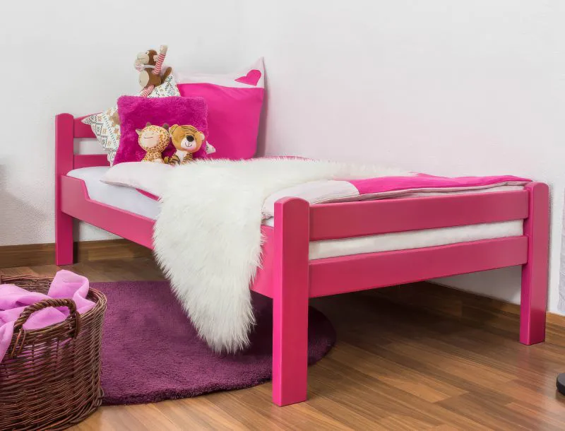 Kinderbett / Jugendbett "Easy Premium Line" K1/2n, Buche Vollholz massiv rosa lackiert - Liegefläche: 90 x 200 cm