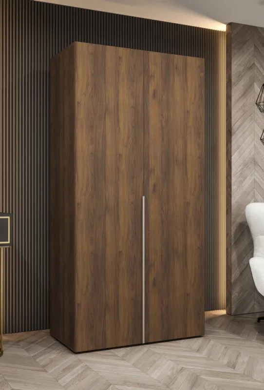 Kleiderschrank / Drehtürenschrank | Farbe: Walnuss | zwei Türen | eine Kleiderstange | 1 Meter breit |ein Fach | Griffe: Silber | Soft-Close-Funktion