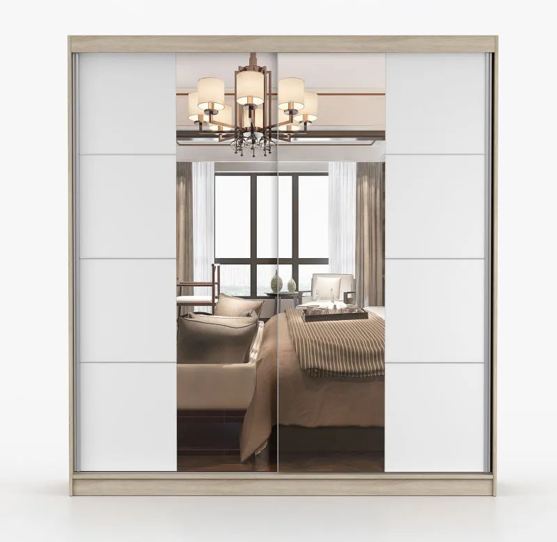 Kleiderschrank / Schiebetürenschrank | Weiß / Sonoma Eiche | Sredna 06 | mit Spiegel | 2 Türen | 7 Fächer | 3 Schubladen | 218 x 203 x 61 cm