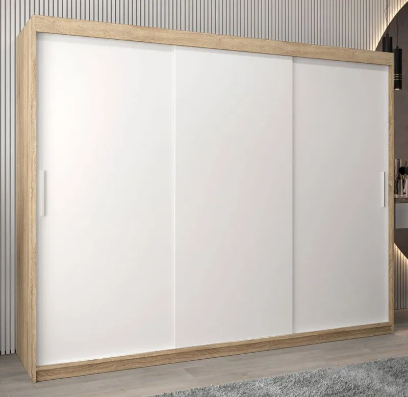 Großer 250 cm breiter Kleiderschrank mit 10 Fächern und 3 Türen | Farbe: Sonoma Eiche / Weiß Abbildung