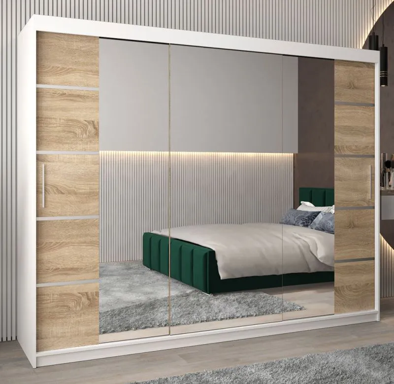 Großer 250 cm breiter Kleiderschrank mit 3 Türen | 10 Fächer | Farbe: Sonoma Eiche / Weiß Abbildung