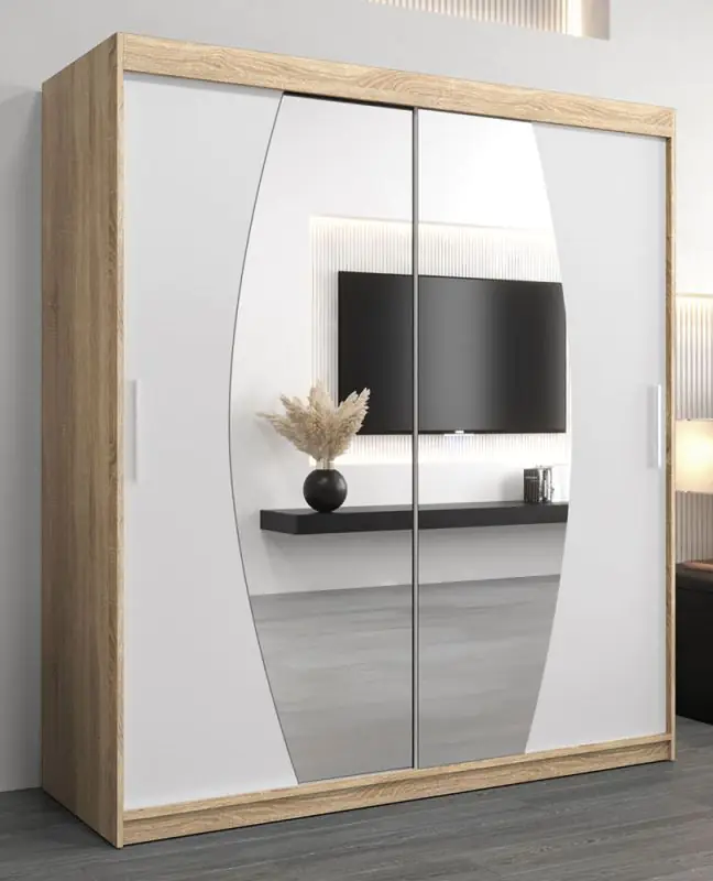 Schiebetürenschrank / Kleiderschrank Calvitero 04 mit Spiegel, Farbe: Eiche Sonoma / Weiß matt - Abmessungen: 200 x 180 x 62 cm ( H x B x T)