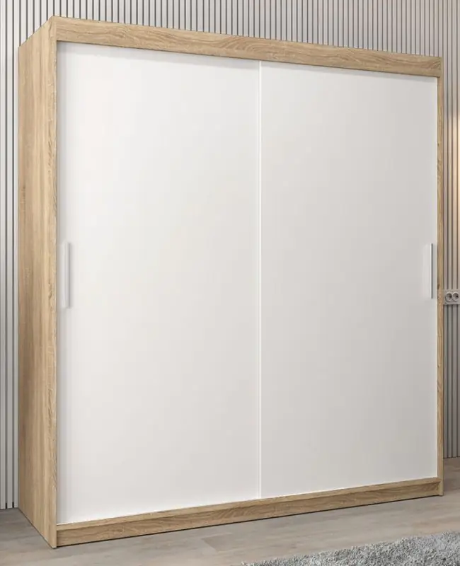 Schiebetürenschrank / Kleiderschrank Bisaurin 4A, Farbe: Eiche Sonoma / Weiß matt - Abmessungen: 200 x 180 x 62 cm ( H x B x T)