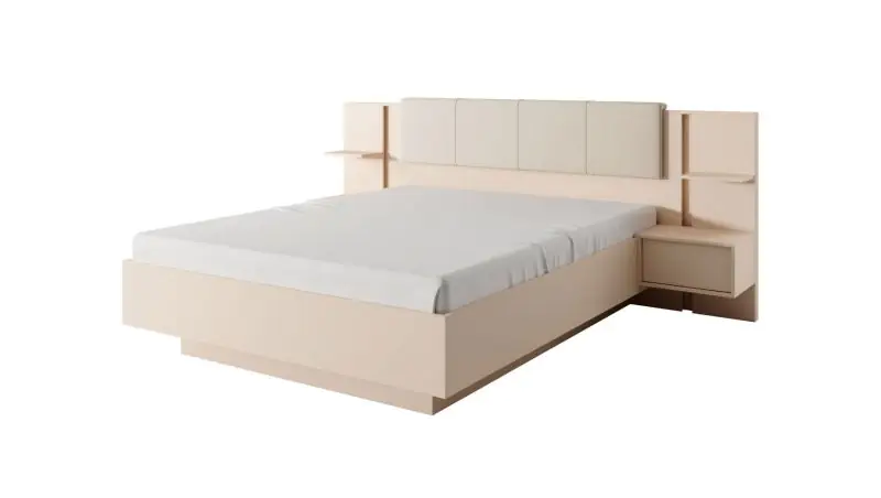 Modernes Doppelbett mit zwei Nachtkästchen Zaghouan 02, Farbe: Beige - Abmessungen: 104,5 x 256,5 x 210 cm (H x B x T)