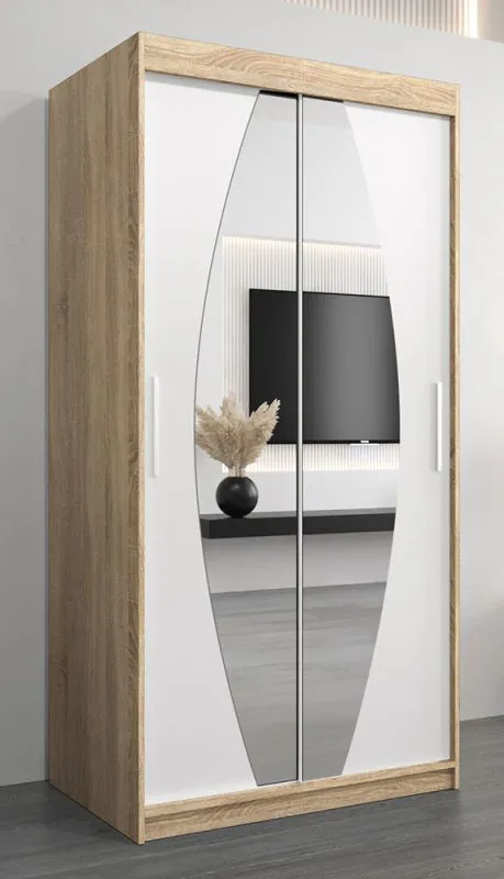 Schiebetürenschrank / Kleiderschrank Calvitero 01 mit Spiegel, Farbe: Eiche Sonoma / Weiß matt - Abmessungen: 200 x 100 x 62 cm ( H x B x T)