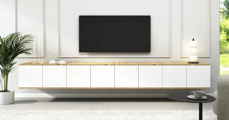 TV-Board | Farbe: Eiche Artisan / Weiß | Push-to-open Funktion | 8 Türen | 16 Fächer | 280 x 40 x 40 cm | hochwertig Verarbeitet | TV-Unterschrank