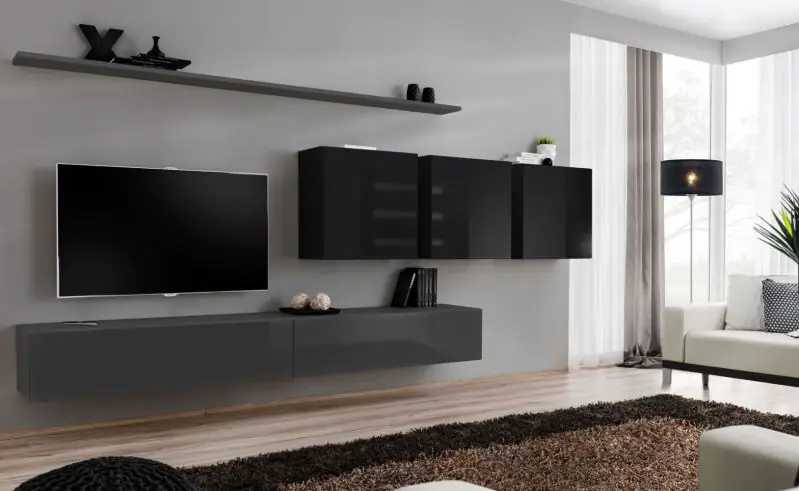 Moderne Wohnwand Balestrand 105, Farbe: Grau / Schwarz - Abmessungen: 150 x 340 x 40 cm (H x B x T), mit acht Fächern