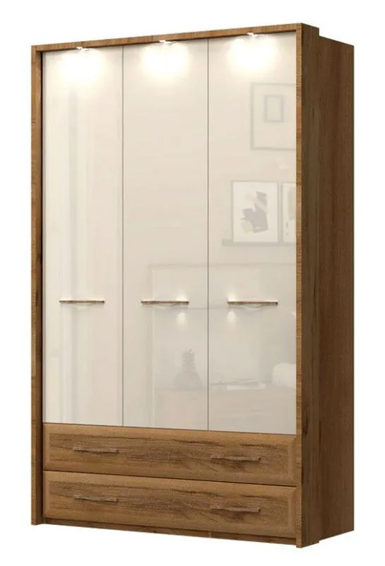 137 cm breiter Kleiderschrank mit 3 Türen, 2 Fächern und 2 Schubladen | Farbe: Beige | Tiefe: 56 cm Abbildung