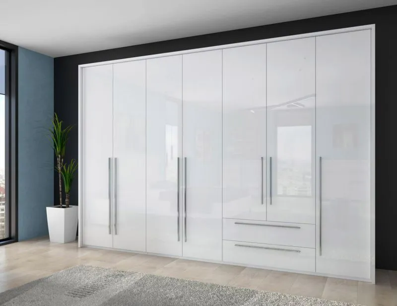 Kleiderschrank | 7 Drehtüren | 2 Schubladen | 10 Fächer | mit 4 Kleiderstangen | 322 cm breit | Farbe: Weiß Abbildung