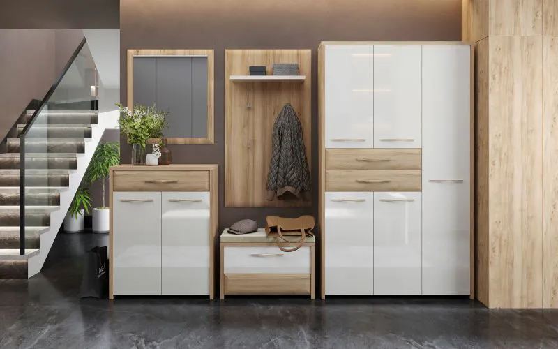 Garderoben Komplett - Set I Gataivai, 5-teilig, Farbe: Beige Hochglanz / Walnuss