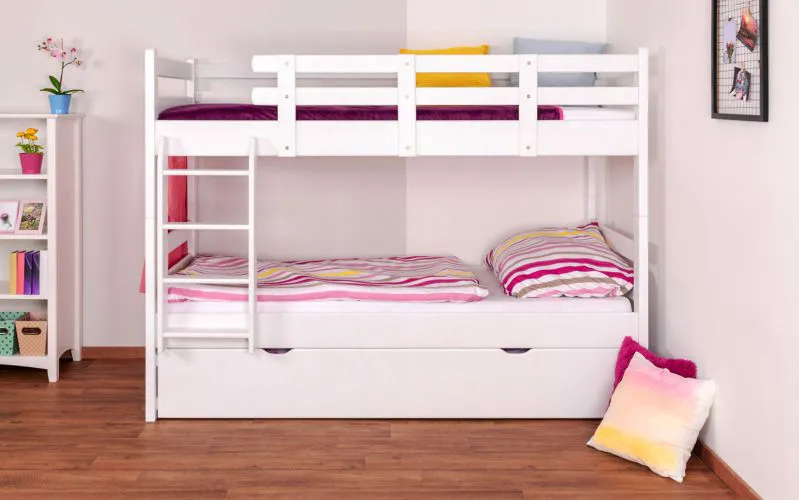 90 x 200 cm Stockbett inkl. Ausziehbett für 3. Liegeplatz 90 x 190 cm (Bettkasten/Stauraum) | Massivholz: Buche | Weiß Lackiert | umbaubar/teilbar in zwei Einzelbetten | inkl. Rollroste Abbildung