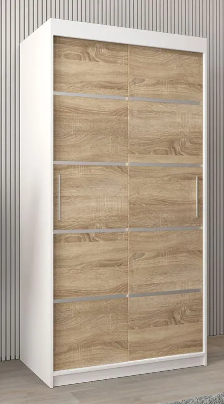 Schiebetürenschrank / Kleiderschrank Jan 01A, Farbe: Weiß matt / Eiche Sonoma - Abmessungen: 200 x 100 x 62 cm ( H x B x T)