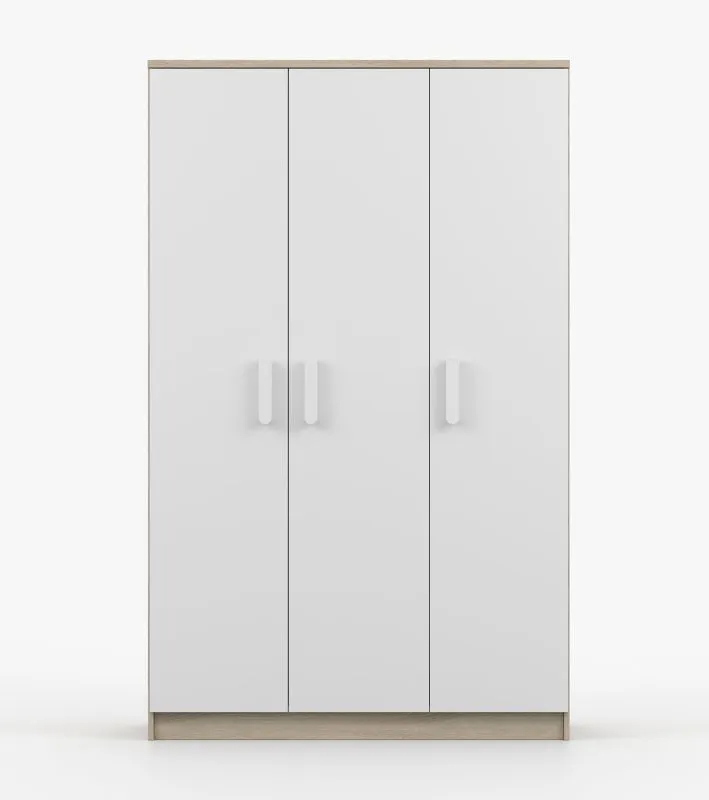 Kleiderschrank / Drehtürenschrank | Kleiderstange | 192 x 120 x 50 cm | Smolikas 108 | 9 Fächer |runde Holzgriffe | Weiß / Sonoma Eiche | 3 Türen