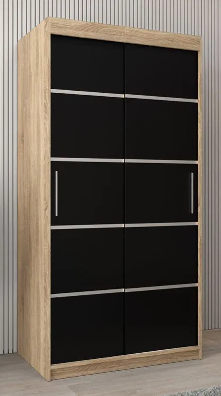 100 cm breiter Kleiderschrank mit 5 Fächern und 2 Türen | Farbe: Sonoma Eiche / Schwarz Abbildung