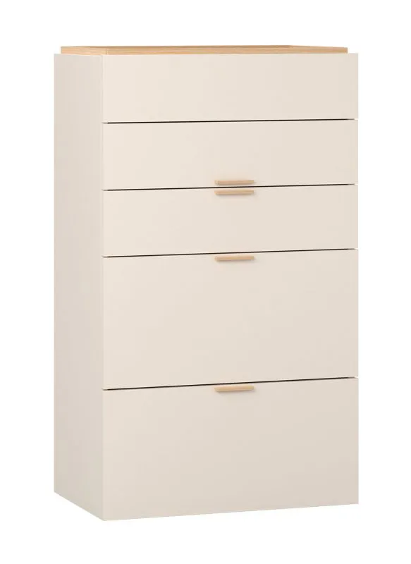 Kommode | Farbe: Beige | Griffe: Eiche | 5 Schubladen | Soft-Close-Funktion | Maße: 75 x 42 x 127,5 cm | asymmetrische Schubladen | kratzfest