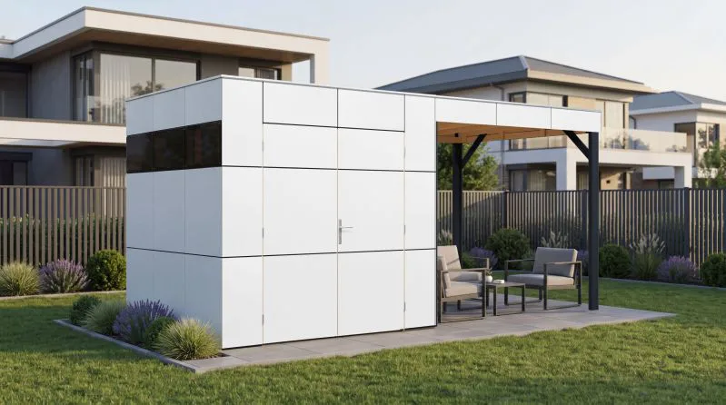 Gartenhaus Lounge Frankfurt 01 mit Dachanbau | Elementgartenhaus | HPL-Fassadenplatten | Weiß / Anthrazit | Schleppdach | Grundfläche 10,5 m²
