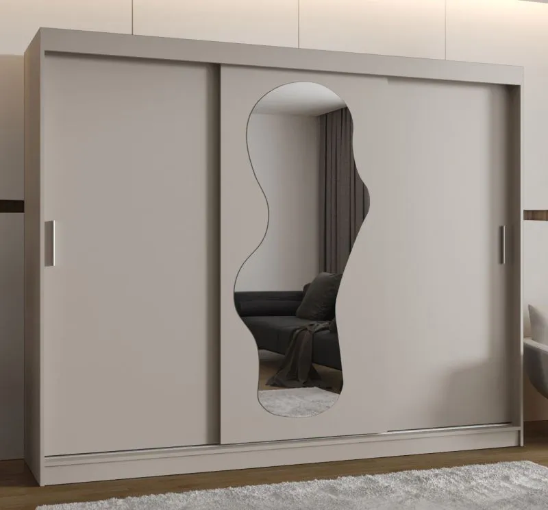 Schiebetürenschrank / Kleiderschrank Lagginhorn 24, Farbe: Kaschmir, 2,5 Meter breit, zwei Kleiderstangen, 10 Fächer, Aluminiumschienen, eine Spiegeltür