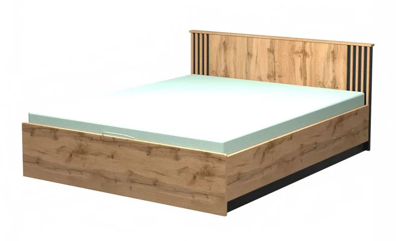Doppelbett Trevalli 26 mit aufklappbarem Lattenrost und Stauraum, Farbe: Eiche / Schwarz - Liegefläche: 160 x 200 cm (B x L)