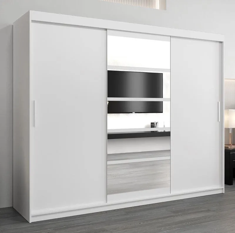 Großer 250 cm breiter Kleiderschrank mit 10 Fächern und 3 Türen | Farbe: Weiß Abbildung