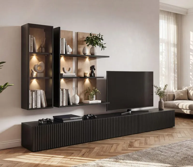 Wohnwand | 3 Meter lang | Farbe: Schwarz / Eiche Vicking | geriffelte Front | inkl. Integrierte LED-Beleuchtung | 1 Vitrine | 2 Wandregale | 300 x 45 x 160 cm