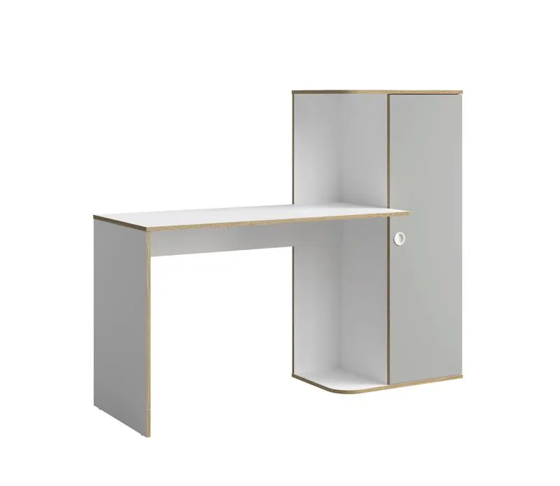 Schreibtisch mit genügend Stauraum Ithaka 01, Farbe: Weiß / Grau, vier Fächer, eine Tür, Maße: 129 x 160 x 55 cm, PC-Abstellplatz