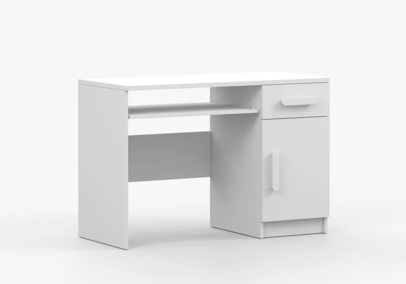 Schreibtisch 1,1 Meter breit| Weiß | Smolikas 97 | 75 x 110 x 50 cm | 1 Türe | weiße Holzgriffe | 1 Schublade | 3 Fächer