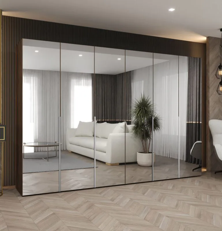 Drehtürenschrank mit 3 Meter breite | Farbe: Walnuss | sechs Spiegeltüren | Griffe: Silber | Soft-Close-Funktion | vier Fächer | vier Kleiderstangen
