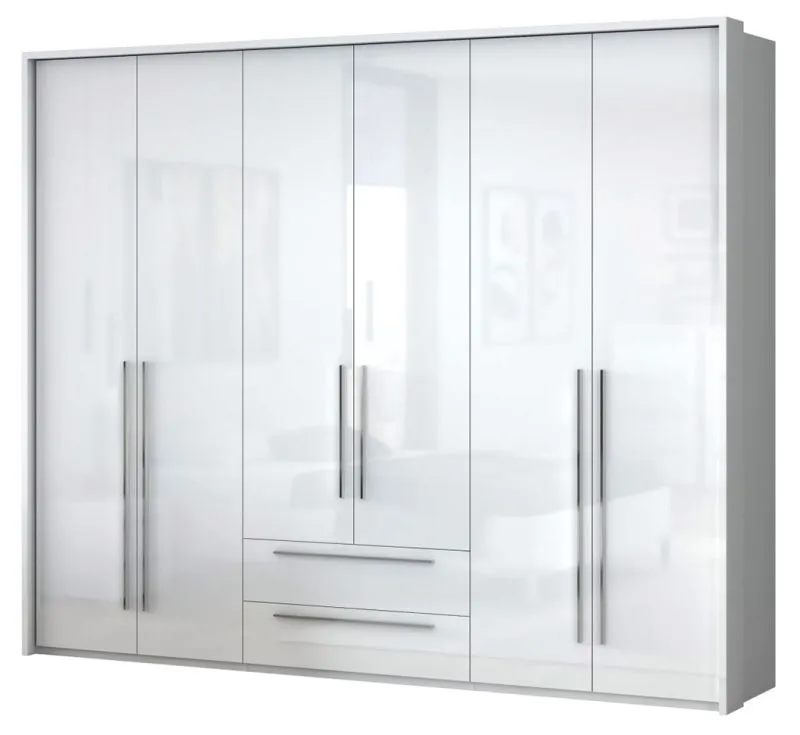 Großer Kleiderschrank | 6 Drehtüren | 2 Schubladen | 7 Fächer | mit 3 Kleiderstangen | 277 cm breit | Farbe: Weiß Abbildung