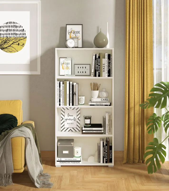 Bücherregal mit vier Fächer Knide 05, Farbe: Weiß, ABS-Kantenschutz, gut kombinierbar, Maße: 142 x 70 x 24,5 cm, schlichtes Design