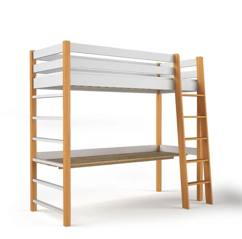Hochbett / Funktionsbett mit Schreibtisch Analena 02, Kinderbett in Weiß / Eiche Natur, Kiefernholz massiv, Liegefläche: 80 x 190 cm, inklusive Lattenrost