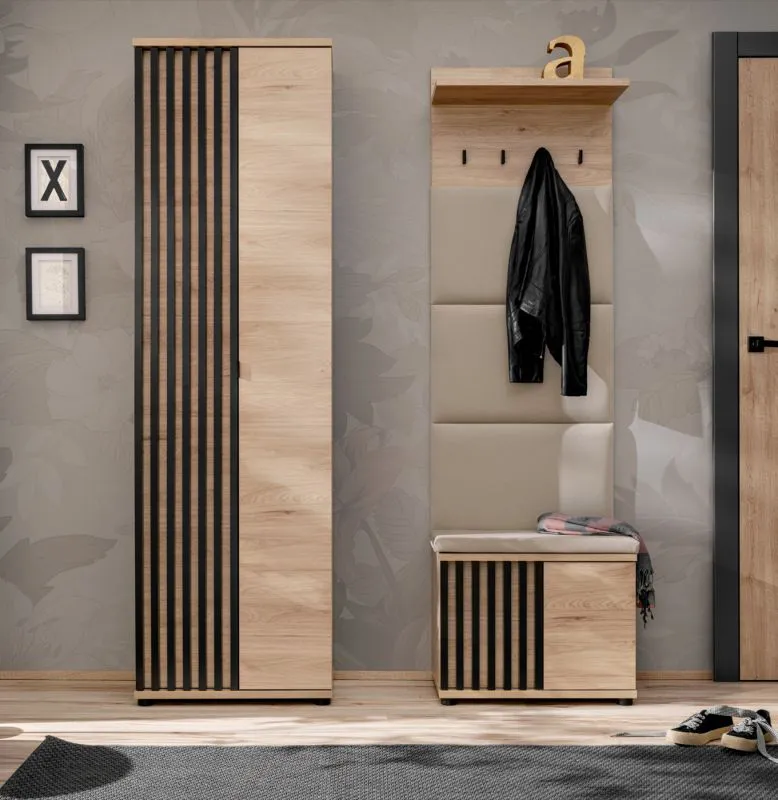 Garderobe Komplett - Set F Angvik, 3-teilig, Farbe: Eiche / Schwarz, ein Garderobenschrank, ein Schuhschrank inkl. Sitzkissen, vier Haken