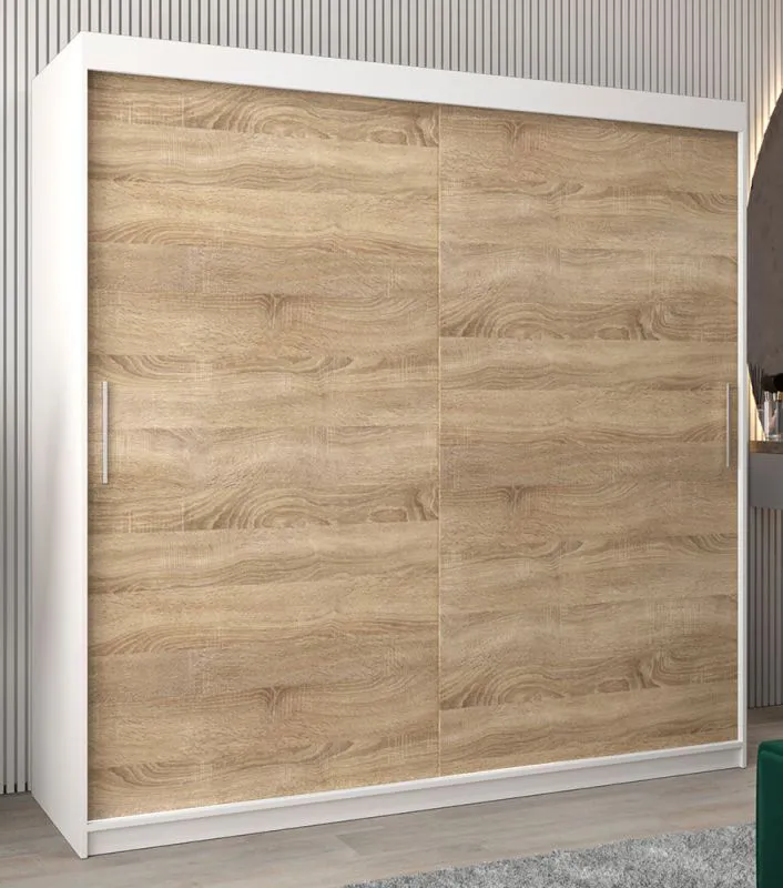 Schiebetürenschrank / Kleiderschrank Bisaurin 5A, Farbe: Weiß matt / Eiche Sonoma - Abmessungen: 200 x 200 x 62 cm ( H x B x T)