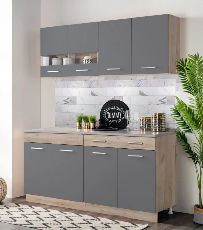 Dunkle Küchenzeile / Küchenblock Kolubara 02, Farbe: Eiche Grau / Graphit, ein Hängeschrank mit Glastüren, eine Schublade, 1,6 Meter breit