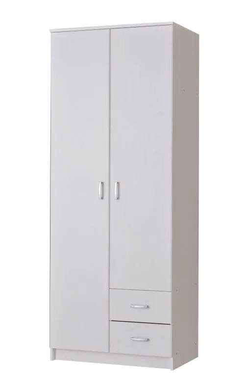 Zweitüriger Kleiderschrank mit zwei Schubladen Kovin 10, Farbe: Weiß, eine Kleiderstange, fünf Fächer, Maße: 205 x 80 x 52 cm, für Schlafzimmer