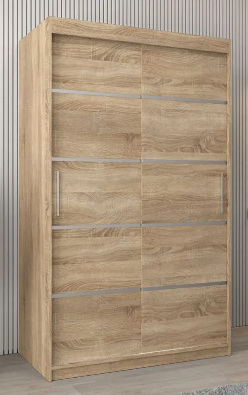 120 cm breiter Schiebetürenschrank mit 2 Türen | 5 Fächer | 2 Kleiderstangen | Farbe: Sonoma Eiche Abbildung