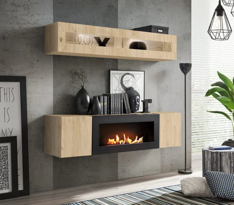 Wohnwand | Farbe: Eiche Hickory Jackson | 1 Hängevitrine | 1 TV-Unterschrank mit Bio-Ethanol Kamin | Maße: 160 x 40 x 150 cm | inkl. LED-Beleuchtung