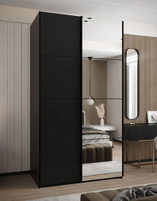 Kleiderschrank / Schiebetürenschrank | 6 Fächer | Farbe: Schwarz | 2 Kleiderstangen | 245,5 x 130 x 64 cm | Soft-Close | Spiegel | 2 Schiebetüren