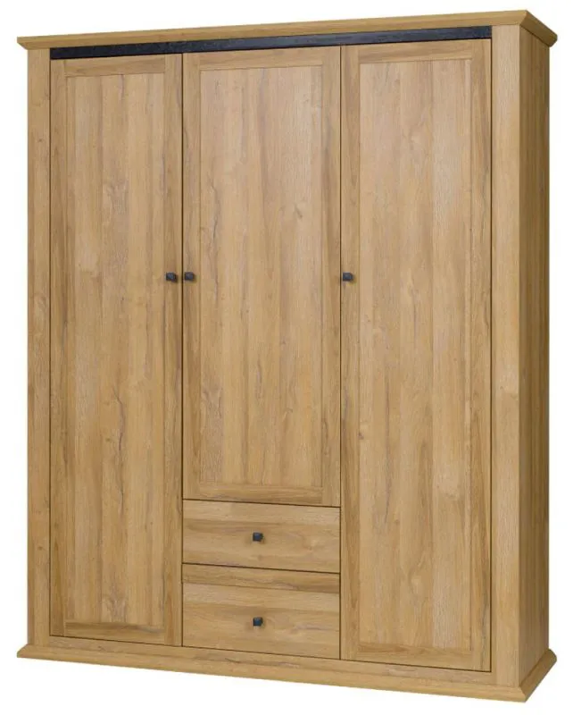 Kleiderschrank | 3 Drehtüren | 2 Schubladen | 5 Fächer | mit 2 Kleiderstangen | 165 cm breit | Farbe: Eiche Abbildung