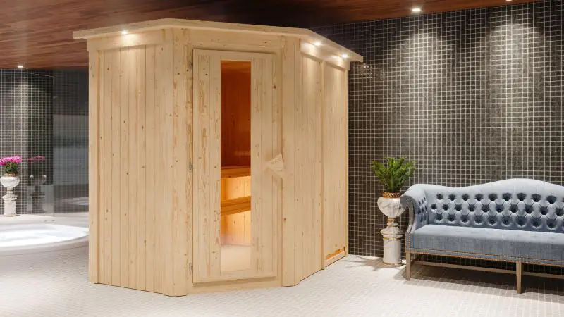 Sauna "Mika" SET mit Energiespartür und Kranz - Farbe: Natur, Ofen externe Steuerung easy 9 kW - 165 x 210 x 202 cm (B x T x H)
