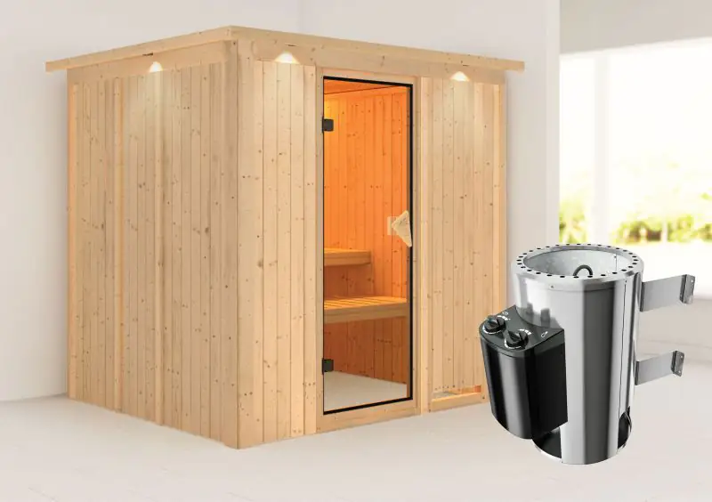 Sauna "Agnar" SET mit bronzierter Tür und Kranz  mit Ofen 3,6 kW integ. Steuerung - 210 x 184 x 202 cm (B x T x H)