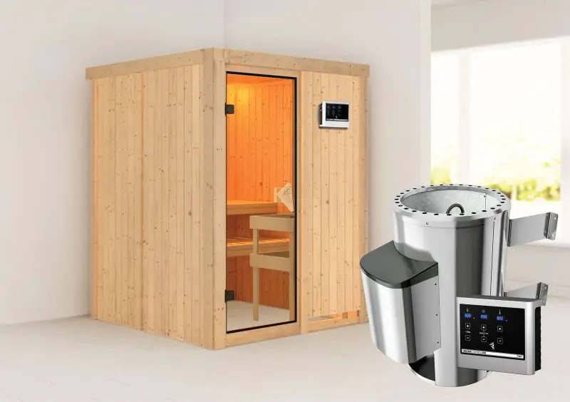 Sauna "Joran" SET mit bronzierter Tür - Farbe: Natur, Ofen externe Steuerung easy 3,6 kW - 151 x 151 x 198 cm (B x T x H)